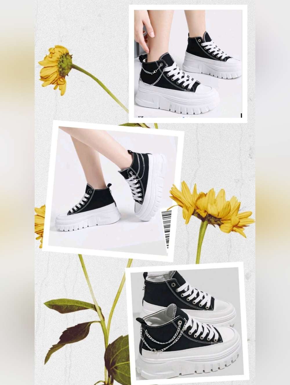 Black Platform High-Top Sneakers for Women - Casual Street Style - Picture 2 of 8